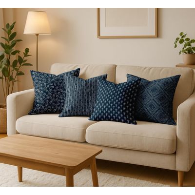 Conjunto com 4 Capas de Almofada de Algodão, Estampa Floral, Impressas dos Dois Lados, com Zíper Oculto - sem Enchimento - Azul - Vargottam 40,64 Cm × 40,64 Cm / Azul