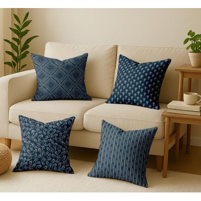 Conjunto com 4 Capas de Almofada de Algodão, Estampa Floral, Impressas dos Dois Lados, com Zíper Oculto - sem Enchimento - Azul - Vargottam 40,64 Cm × 40,64 Cm / Azul