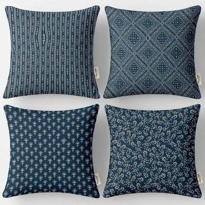 Conjunto com 4 Capas de Almofada de Algodão, Estampa Floral, Impressas dos Dois Lados, com Zíper Oculto - sem Enchimento - Azul - Vargottam 40,64 Cm × 40,64 Cm / Azul