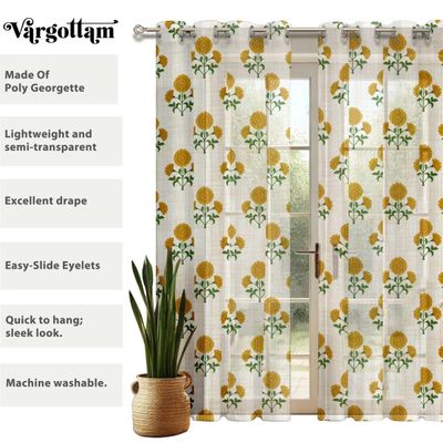 Cortinas Voil Extra-Longas de Georgette Estampada Floral em Bloco, Filtrantes de Luz, 2 Painéis Topo com Ilhós para Altura Dupla - Vargottam 106,68 Cm (L) × 160,02 Cm (C) / Amarelo