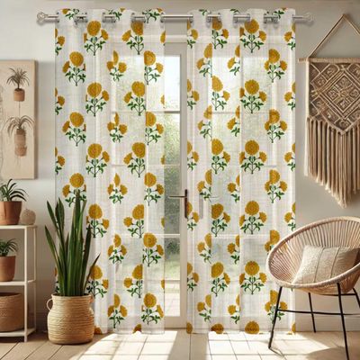 Cortinas Voil Extra-Longas de Georgette Estampada Floral em Bloco, Filtrantes de Luz, 2 Painéis Topo com Ilhós para Altura Dupla - Vargottam 106,68 Cm (L) × 160,02 Cm (C) / Amarelo