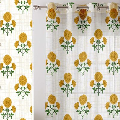 Cortinas Voil Extra-Longas de Georgette Estampada Floral em Bloco, Filtrantes de Luz, 2 Painéis Topo com Ilhós para Altura Dupla - Vargottam 106,68 Cm (L) × 160,02 Cm (C) / Amarelo