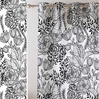 Cortinas Voil Extra Longas Estampa Botânica para Janelas/Portas de Dupla Altura - Jogo 2 Painéis com Ilhós, Filtrante, Georgete - Vargottam 106,68 Cm (L) × 160,02 Cm (C) / Preto