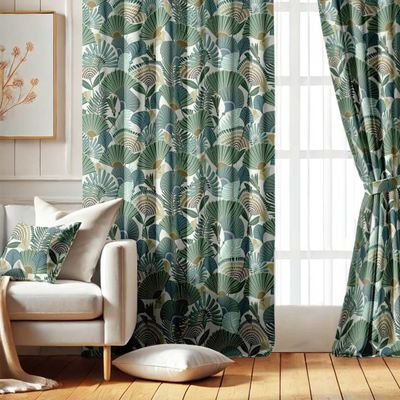 Cortinas Blackout Estampa Folha Leque - Conjunto com 2 Painéis - Térmicas com Ilhós para Quarto e Sala - Verde - Vargottam 106,68 Cm (L) × 274,32 Cm (C) / Verde