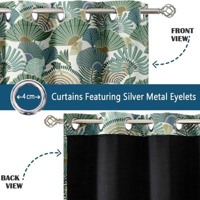 Cortinas Blackout Estampa Folha Leque - Conjunto com 2 Painéis - Térmicas com Ilhós para Quarto e Sala - Verde - Vargottam 106,68 Cm (L) × 228,6 Cm (C) / Verde