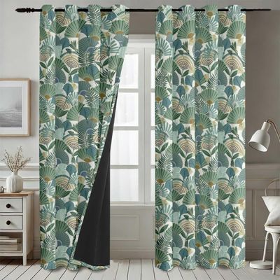 Cortinas Blackout Estampa Folha Leque - Conjunto com 2 Painéis - Térmicas com Ilhós para Quarto e Sala - Verde - Vargottam 132,08 Cm (L) × 182,88 Cm (C) / Verde