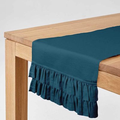 Caminho de Mesa Azul Lavável em Algodão Slub Liso com Duplo Babado para Mesa de Jantar - Vargottam 35,56 Cm (L) × 182,88 Cm (C) / Azul