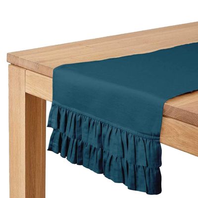 Caminho de Mesa Azul Lavável em Algodão Slub Liso com Duplo Babado para Mesa de Jantar - Vargottam 35,56 Cm (L) × 182,88 Cm (C) / Azul
