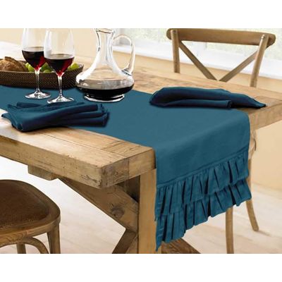 Caminho de Mesa Azul Lavável em Algodão Slub Liso com Duplo Babado para Mesa de Jantar - Vargottam 35,56 Cm (L) × 182,88 Cm (C) / Azul