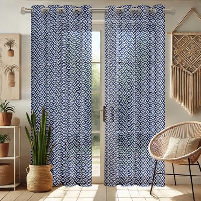 Cortinas Georgette Extra Longas Ikat Azul para Janelas e Portas Altas - Topo com Ilhós, Filtragem de Luz, Conjunto de 2 Painéis - Vargottam 106,68 Cm (L) × 160,02 Cm (C) / Azul