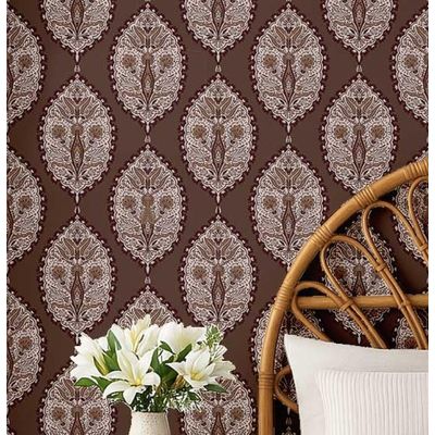 Papel de Parede Floral Paisley Marrom Vinílico Autoadesivo Fácil de Aplicar para Quarto Estilo Fazenda, Sala e Armários - S4Sassy 63,5 cm (L) × 304,8 cm (C) / Marrom - Vinil Liso
