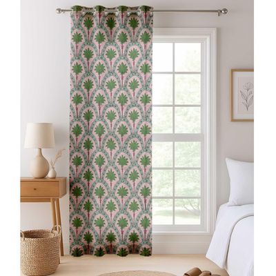 Cortinas Extra Longas em Georgette Impressa com Coqueiros para Janelas/Portas Altura Dupla - 2 Painéis Topo com Ilhós Filtra Luz - Vargottam 106,68 Cm (L) × 274,32 Cm (C) / Rosa