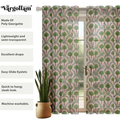Cortinas Extra Longas em Georgette Impressa com Coqueiros para Janelas/Portas Altura Dupla - 2 Painéis Topo com Ilhós Filtra Luz - Vargottam 106,68 Cm (L) × 274,32 Cm (C) / Rosa