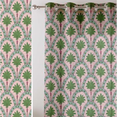 Cortinas Extra Longas em Georgette Impressa com Coqueiros para Janelas/Portas Altura Dupla - 2 Painéis Topo com Ilhós Filtra Luz - Vargottam 106,68 Cm (L) × 274,32 Cm (C) / Rosa