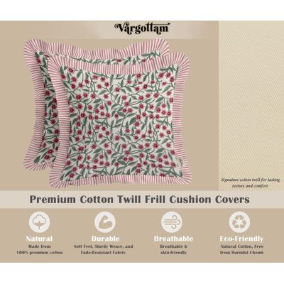 Conjunto com 2 Capas de Almofada em Sarja de Algodão - Estampa Floral, Babado, Zíper Oculto, Estampa Reversível, Estilo Rústico - Vargottam 40,64 Cm × 40,64 Cm – Pacote Com 2 / Verde