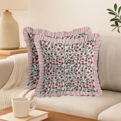 Conjunto com 2 Capas de Almofada em Sarja de Algodão - Estampa Floral, Babado, Zíper Oculto, Estampa Reversível, Estilo Rústico - Vargottam 40,64 Cm × 40,64 Cm – Pacote Com 2 / Verde