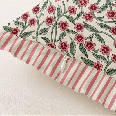 Conjunto com 2 Capas de Almofada em Sarja de Algodão - Estampa Floral, Babado, Zíper Oculto, Estampa Reversível, Estilo Rústico - Vargottam 40,64 Cm × 40,64 Cm – Pacote Com 2 / Verde