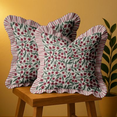 Conjunto com 2 Capas de Almofada em Sarja de Algodão - Estampa Floral, Babado, Zíper Oculto, Estampa Reversível, Estilo Rústico - Vargottam 40,64 Cm × 40,64 Cm – Pacote Com 2 / Verde