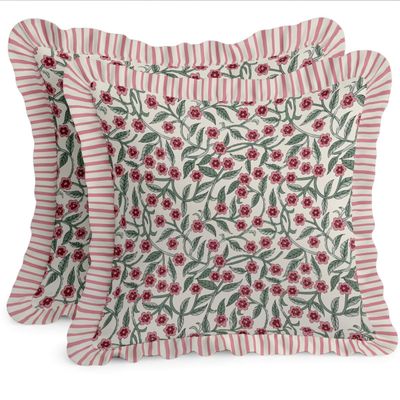 Conjunto com 2 Capas de Almofada em Sarja de Algodão - Estampa Floral, Babado, Zíper Oculto, Estampa Reversível, Estilo Rústico - Vargottam 40,64 Cm × 40,64 Cm – Pacote Com 2 / Verde