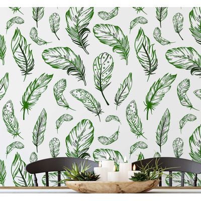 Papel de Parede Estampa de Penas Boho Verde, Vinil Autoadesivo, Revestimento de Parede Fácil DIY Para Quarto, Sala, Armários - S4Sassy 63,5 cm (L) × 914,4 cm (C) / Verde - Vinil Liso