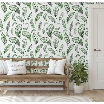 Papel de Parede Estampa de Penas Boho Verde, Vinil Autoadesivo, Revestimento de Parede Fácil DIY Para Quarto, Sala, Armários - S4Sassy 63,5 cm (L) × 914,4 cm (C) / Verde - Vinil Liso