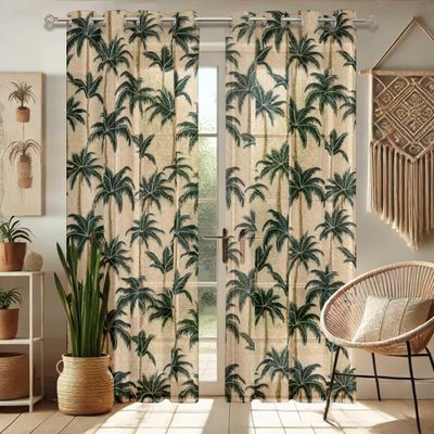 Cortinas Voil Extra Longas com Estampa de Coqueiro para Janelas e Portas de Altura Dupla, 2 Painéis, Ilhós, Georgette Filtrante - Vargottam 132,08 Cm (L) × 213,36 Cm (C) / Verde