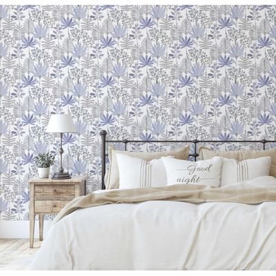 Papel de Parede Autoadesivo Jardim Tropical Pastel Vinílico Impermeável Azul Removível para Locatários Quarto/Sala de Jantar - S4Sassy 63,5 cm (L) × 914,4 cm (C) / Azul - Vinil Texturizado