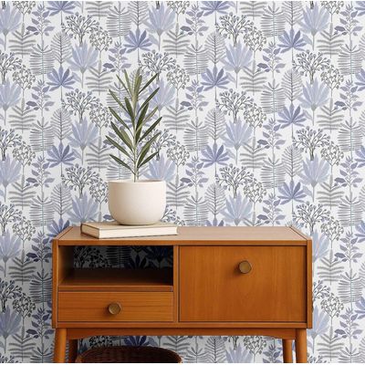 Papel de Parede Autoadesivo Jardim Tropical Pastel Vinílico Impermeável Azul Removível para Locatários Quarto/Sala de Jantar - S4Sassy 63,5 cm (L) × 914,4 cm (C) / Azul - Vinil Texturizado