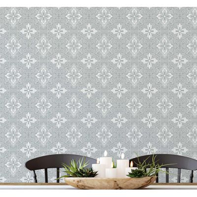 Papel de Parede Adesivo Azulejo Floral Ornamental Cinza, Vinil Autoadesivo, Fácil DIY para Quarto Estilo Fazenda, Sala e Armários - S4Sassy 63,5 cm (L) × 304,8 cm (C) / Cinza - Vinil Texturizado