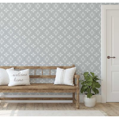 Papel de Parede Adesivo Azulejo Floral Ornamental Cinza, Vinil Autoadesivo, Fácil DIY para Quarto Estilo Fazenda, Sala e Armários - S4Sassy 63,5 cm (L) × 304,8 cm (C) / Cinza - Vinil Texturizado