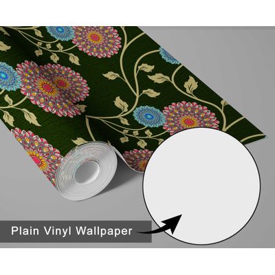 Papel de Parede Vinil Autoadesivo Trepadeira Floral Verde Estilo Asiático, Envoltório Decorativo Fácil para Quarto e Sala - S4Sassy 63,5 cm (L) × 152,4 cm (C) / Verde - Vinil Texturizado