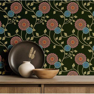 Papel de Parede Vinil Autoadesivo Trepadeira Floral Verde Estilo Asiático, Envoltório Decorativo Fácil para Quarto e Sala - S4Sassy 63,5 cm (L) × 152,4 cm (C) / Verde - Vinil Texturizado