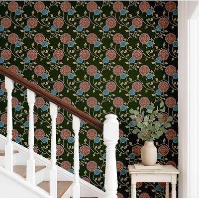 Papel de Parede Vinil Autoadesivo Trepadeira Floral Verde Estilo Asiático, Envoltório Decorativo Fácil para Quarto e Sala - S4Sassy 63,5 cm (L) × 152,4 cm (C) / Verde - Vinil Texturizado