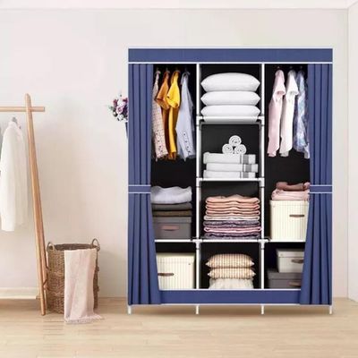 Guardaroupa Portátil Azul Com Arara Cabideiro Prateleiras Organizador Compacto Para Roupas Sapatos