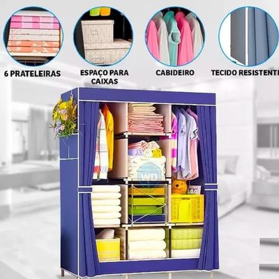 Guardaroupa Portátil Azul Com Arara Cabideiro Prateleiras Organizador Compacto Para Roupas Sapatos