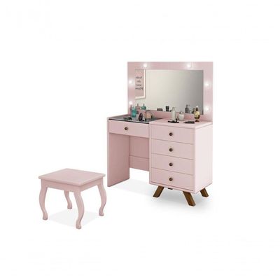 Penteadeira Camarim Luna 9 Gavetas com Espelho Iluminação LED MDF Branco Rosê