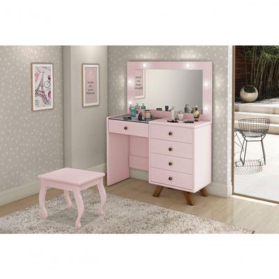 Penteadeira Camarim Luna 9 Gavetas com Espelho Iluminação LED MDF Branco Rosê