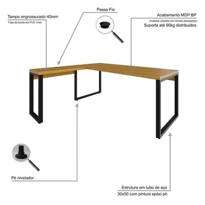 Mesa Em L Presidente 190x160x75cm Yon - Acácia Mel-est.preta Acácia Mel-est.preta