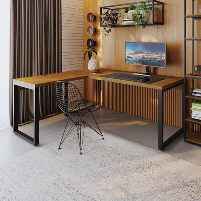 Mesa Em L Presidente 190x160x75cm Yon - Acácia Mel-est.preta Acácia Mel-est.preta