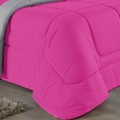 Kit Edredom Dupla Face + Jogo De Lençol Casal Nobre 6 Peças Malha 100% Algodão - Pink / Cinza