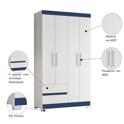 Armário De Quarto E Prateleiras 4 Portas Azul