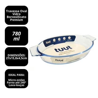 Travessa Oval Em Vidro Borossilicato Premium Com Alças 780ml Forno E Micro-ondas