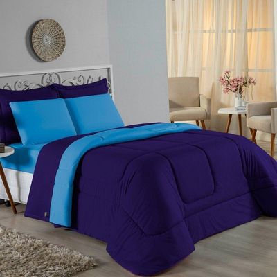 Kit Edredom Dupla Face + Jogo De Lençol Casal Viúva Nobre 6 Peças Malha 100% Algodão - Roxo / Turquesa
