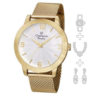 Relógio Champion Kit Feminino Analógico Dourado Cn24593w