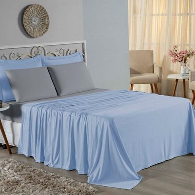 Jogo De Cama Casal Nobre 4 Peças Lençol Com Elástico De 30cm De Altura Malha 100% Algodão - Azul-bebê / Cinza