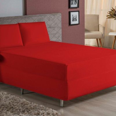 Jogo De Cama Casal Nobre 3 Peças Luva De Box 55cm De Altura Malha 100% Algodão - Vermelho