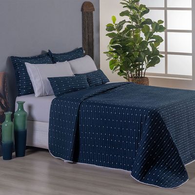 Kit Cobre Leito Queen + Almofada 5 Peças Bordado Urbany Hipercal 400 Fios 100% Poliéster - Azul Marinho