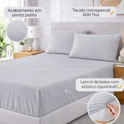 Jogo de Lençol Queen Premium Soft 600 Fios Micropercal Cinza Ponto Palito Toque Macio 3 Peças