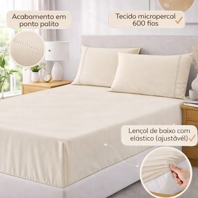 Jogo de Lençol King Premium Soft 600 Fios Micropercal Palha Ponto Palito Toque Macio 3 Peças