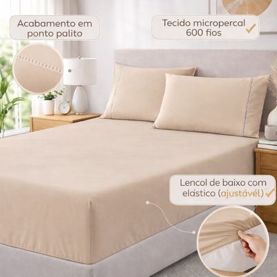 Jogo de Lençol King Premium Soft 600 Fios Micropercal Avelã Ponto Palito Toque Macio 3 Peças